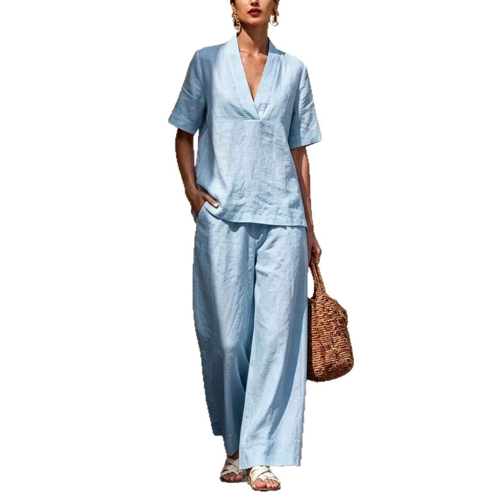Women's V-Neck Top & Trousers Set — 6 Colours, S–2XL