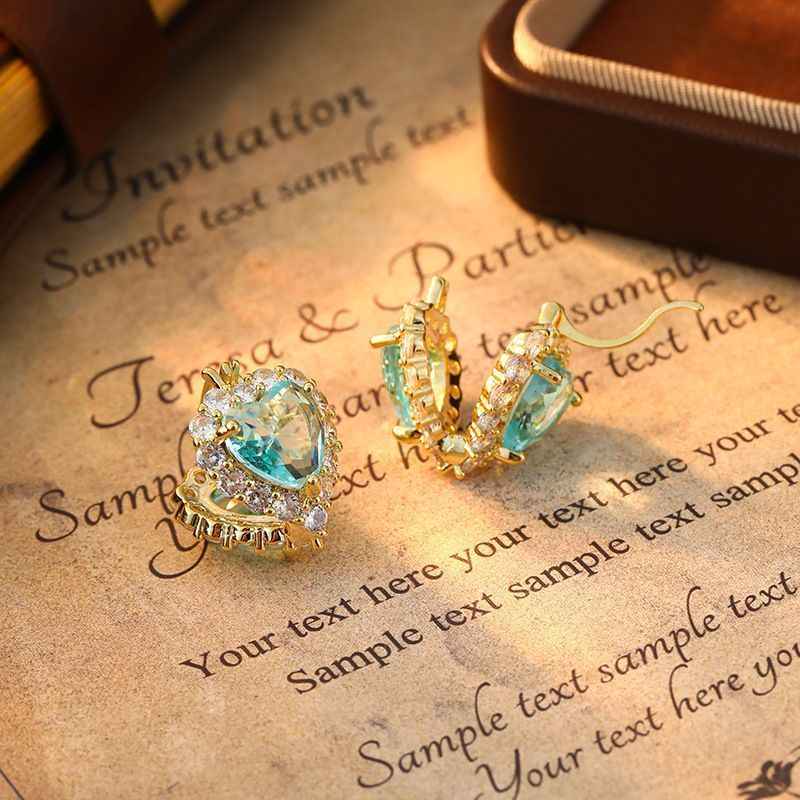 French Light Luxury High-End Blue Zircon Double-sided Heart Huggie Earrings, Personalized Exquisite Super Sparkly Hoop Jewelry For Women