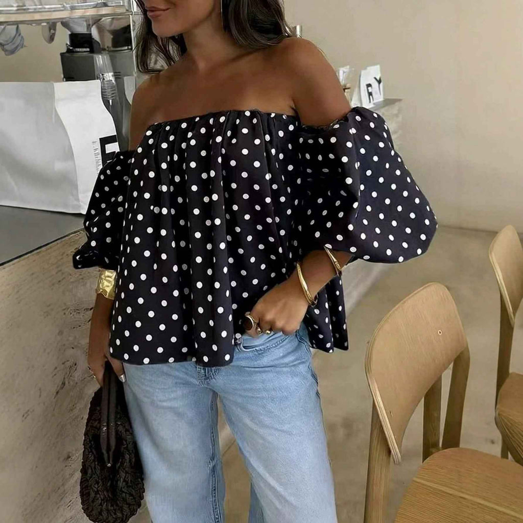 Off-Shoulder Polka Dot Top — Puff Lantern Sleeves