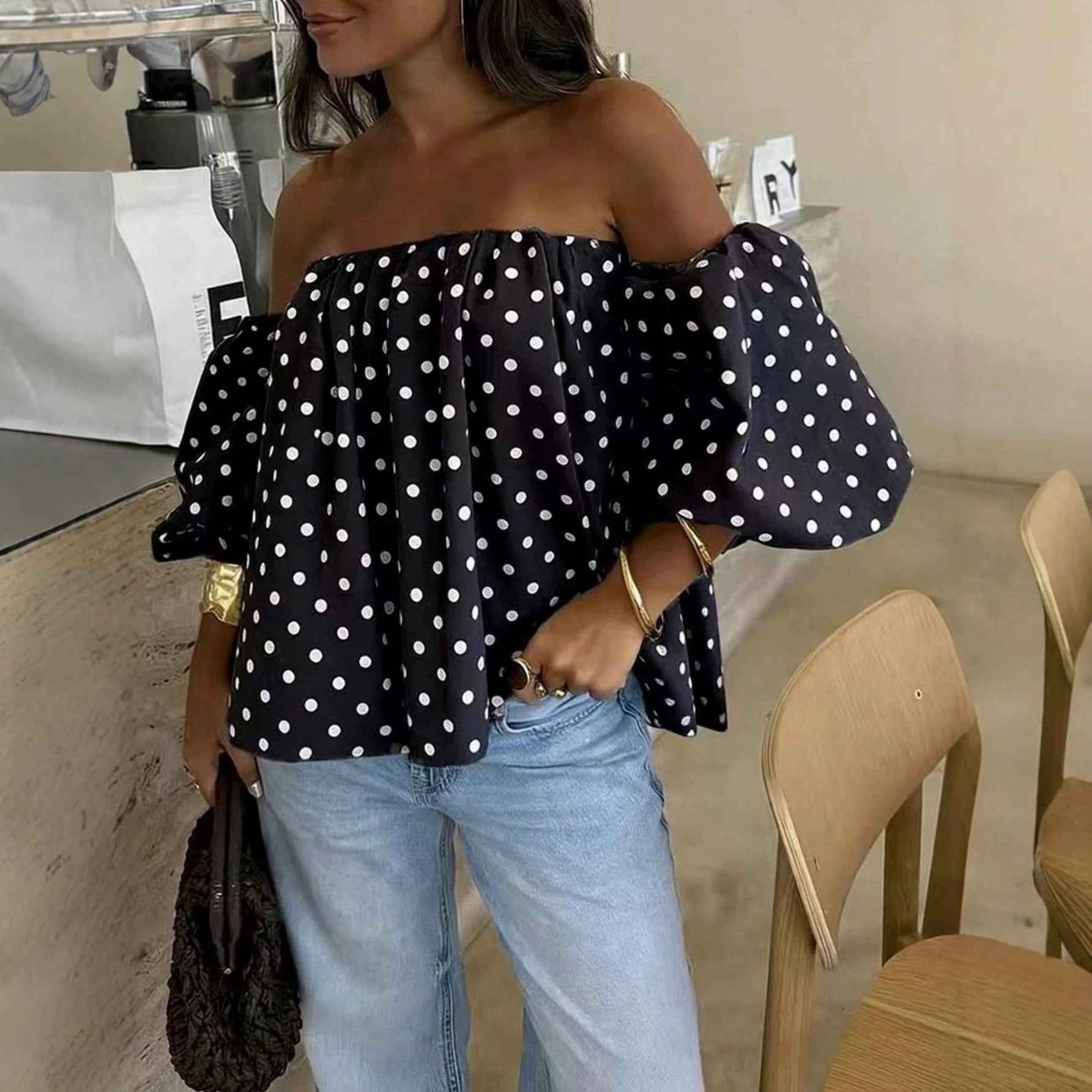 Off-Shoulder Polka Dot Top — Puff Lantern Sleeves