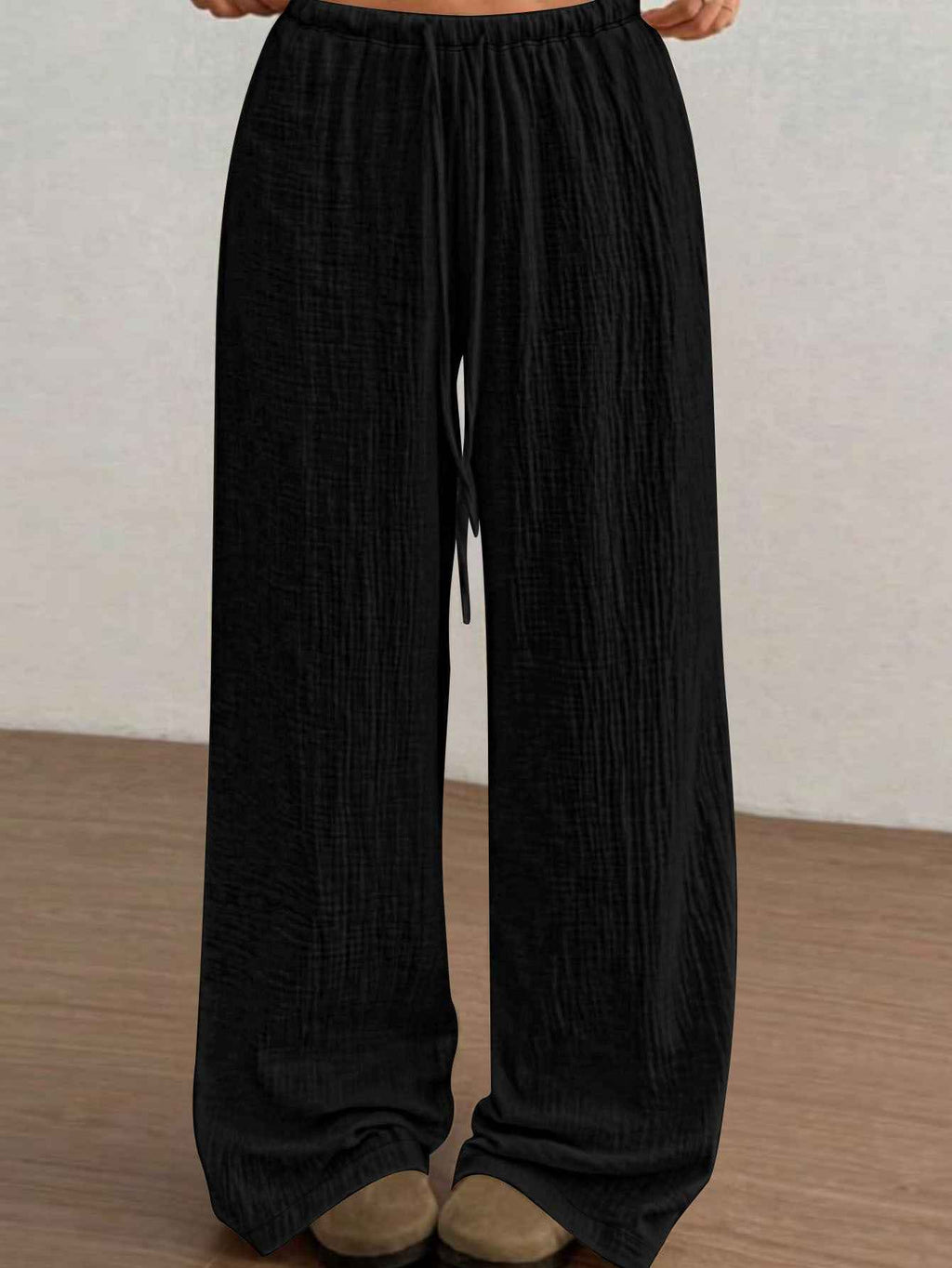Cropped Wide-Leg Pants – Elastic Waist, Drawstring, Loose Fit