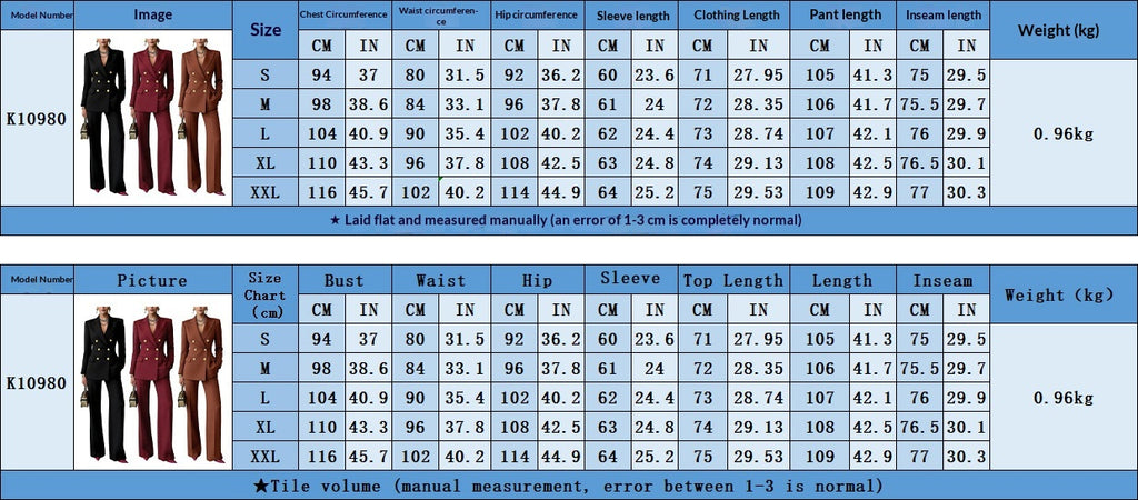 Women's Button-Front Blazer and Trousers Set - S to XXL size chart