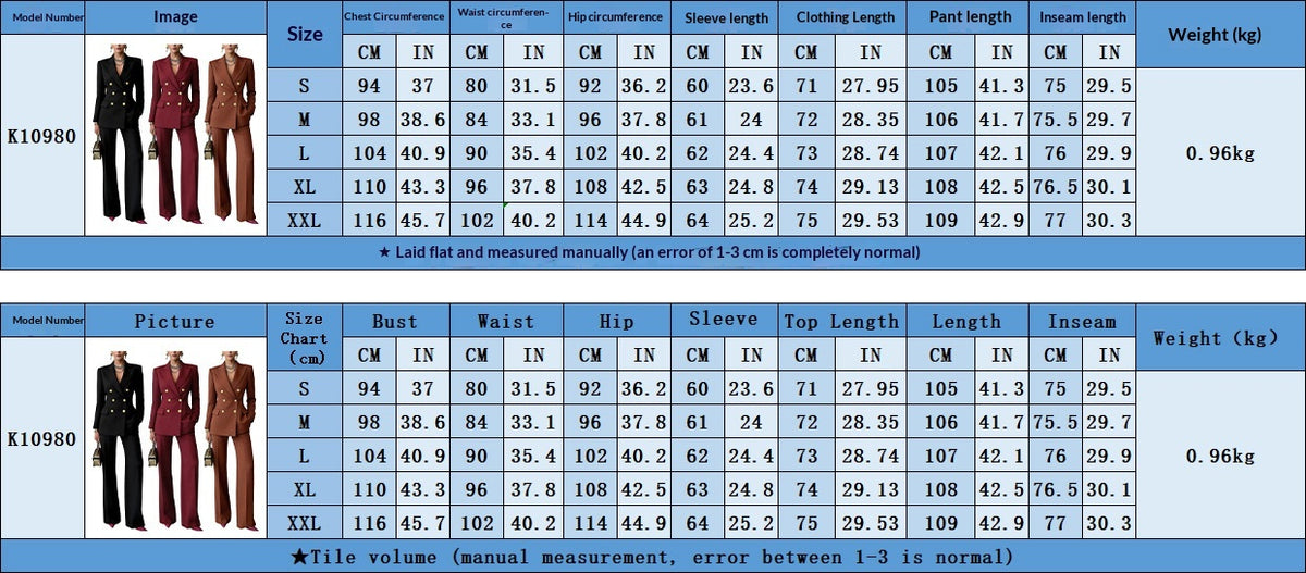 Women's Button-Front Blazer and Trousers Set - S to XXL size chart