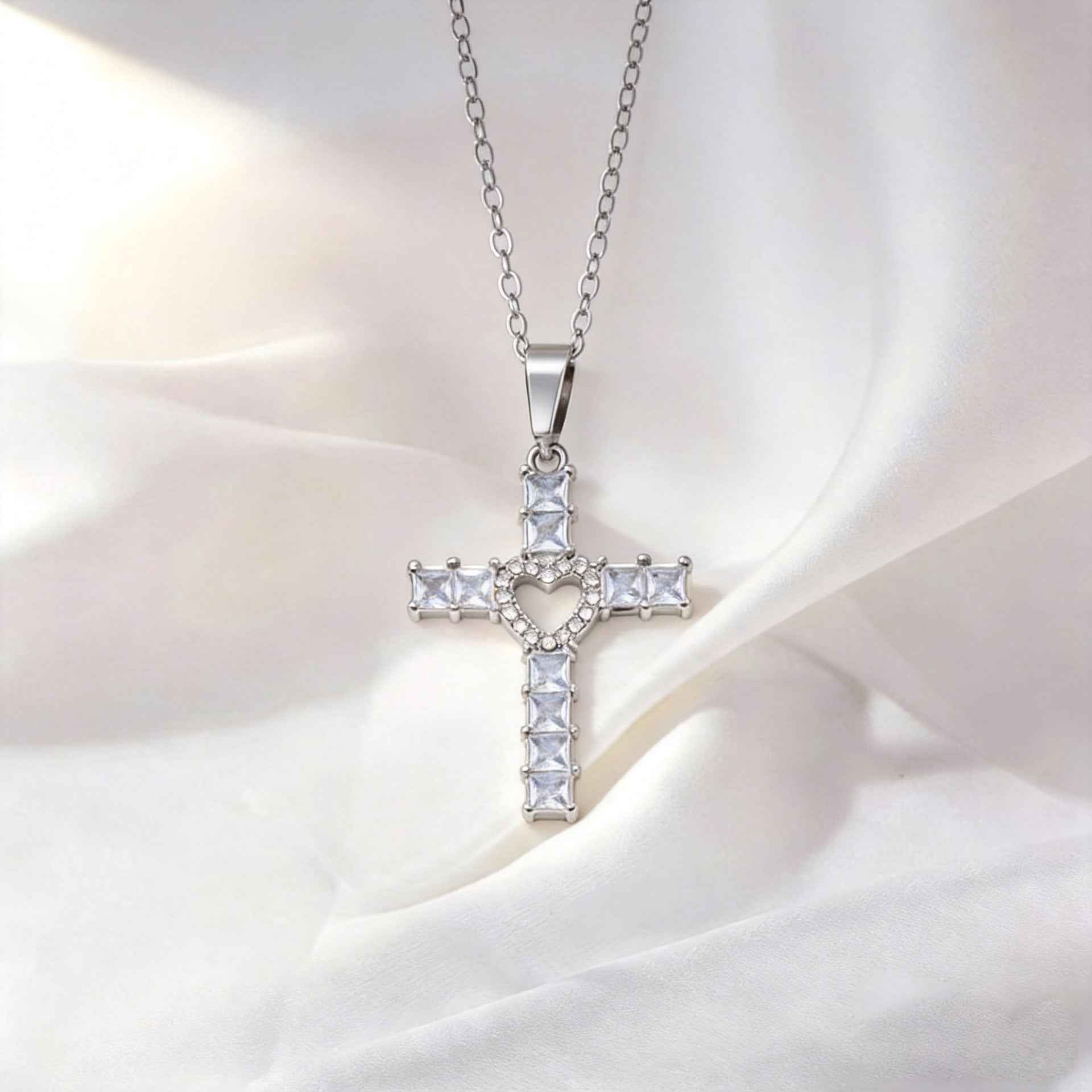 Stainless Steel Heart-shaped Cross Pendant Necklace With Zircon Inlay