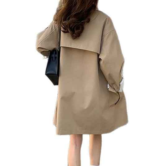 Khaki Geometric Trench Coat — Korean Style, Wrinkle-Resistant, Long Sleeve