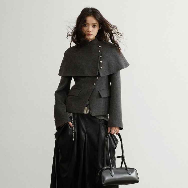 Women's Retro Elegant Long-Sleeve Coat with Detachable Cape — Gray, S–L