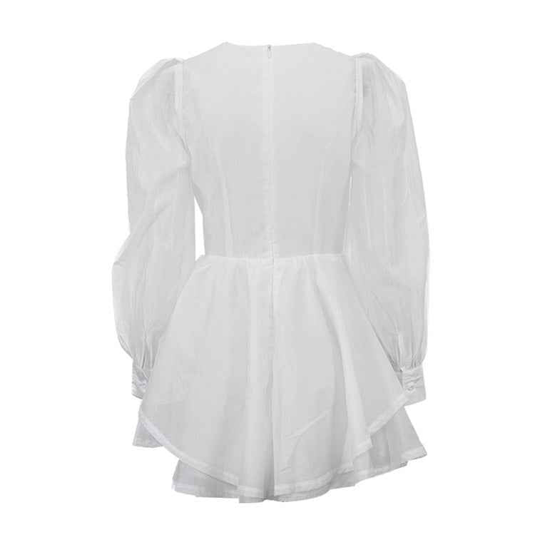 V-Neck Corset Boned Balloon-Sleeve Layered Mini Dress