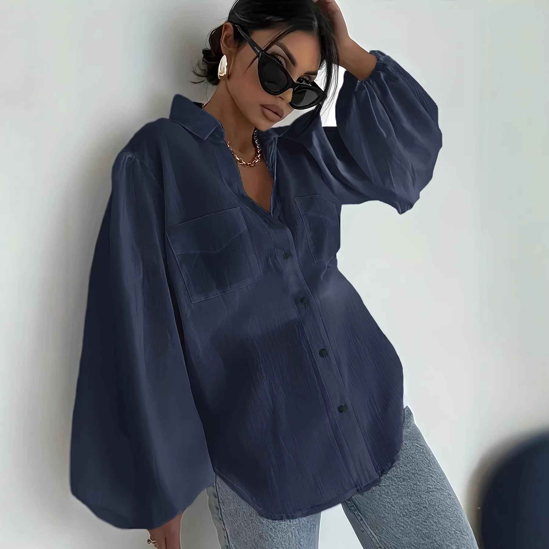 Solid-color Long Sleeves With Double Flap Pockets And A Lapel Collar