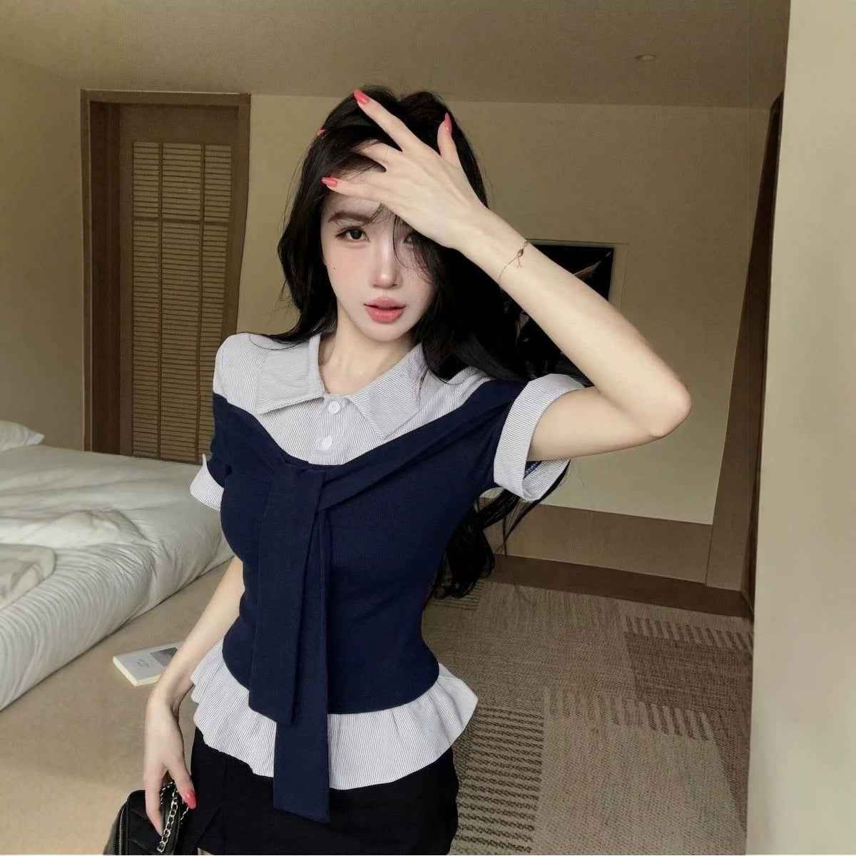 Women's Preppy Striped Mock Two-Piece Polo-Neck Blouse — 4 Colours, S–L