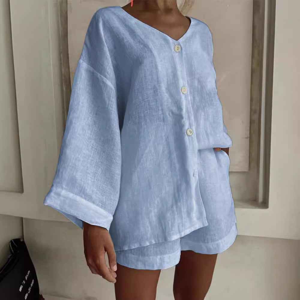 Cotton-Linen Long-Sleeve Shirt & Shorts Casual Two-Piece Set