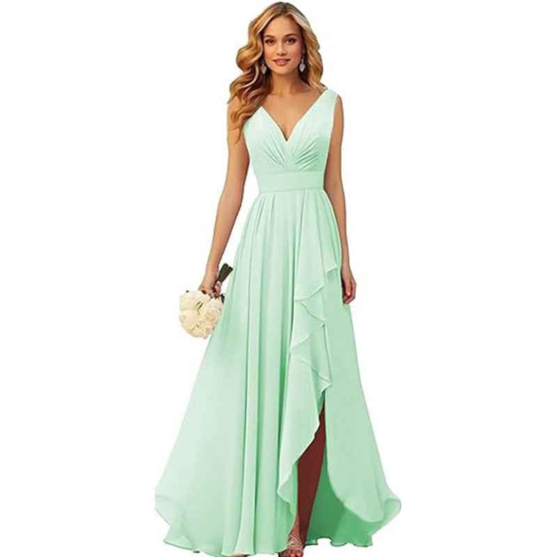V-neck Pleated Slit Chiffon Dress With Tie Straps