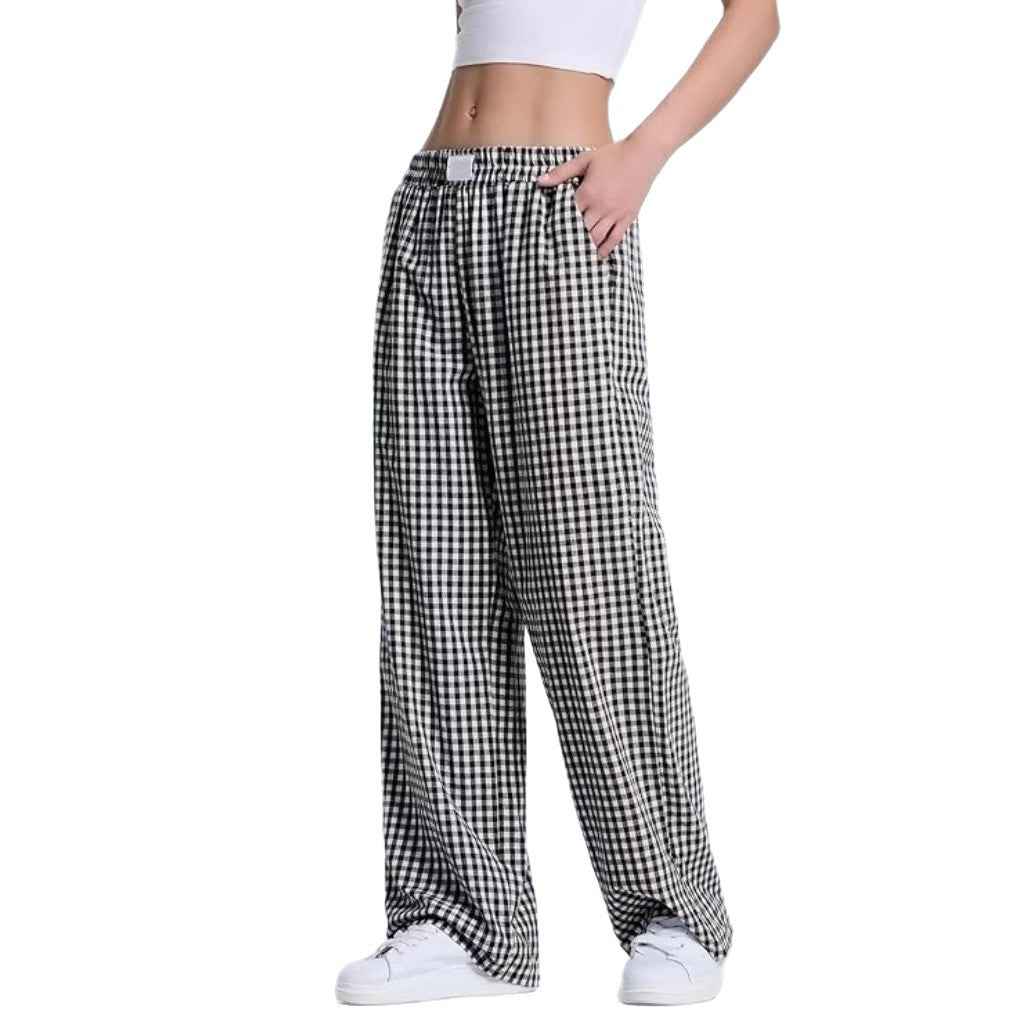 Women's Plaid Elastic-Waist Full-Length Lounge Trousers