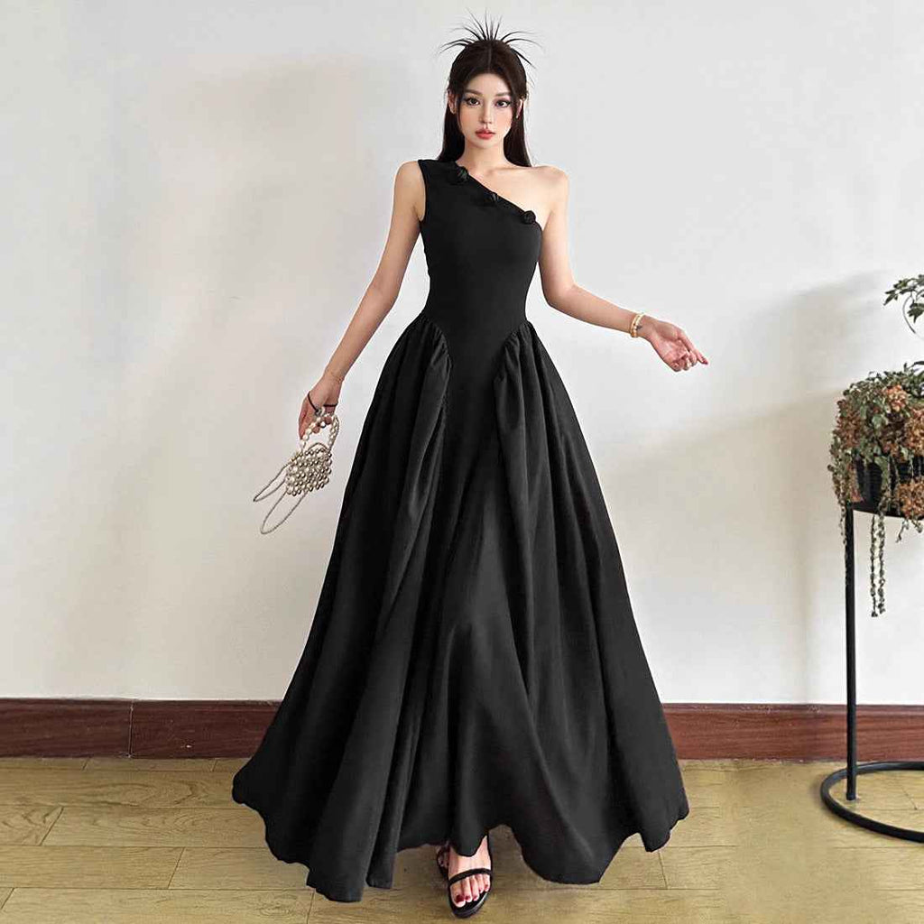 Patchwork A-Line Maxi Dress — High Waist, Sleeveless Strap, Minimalist
