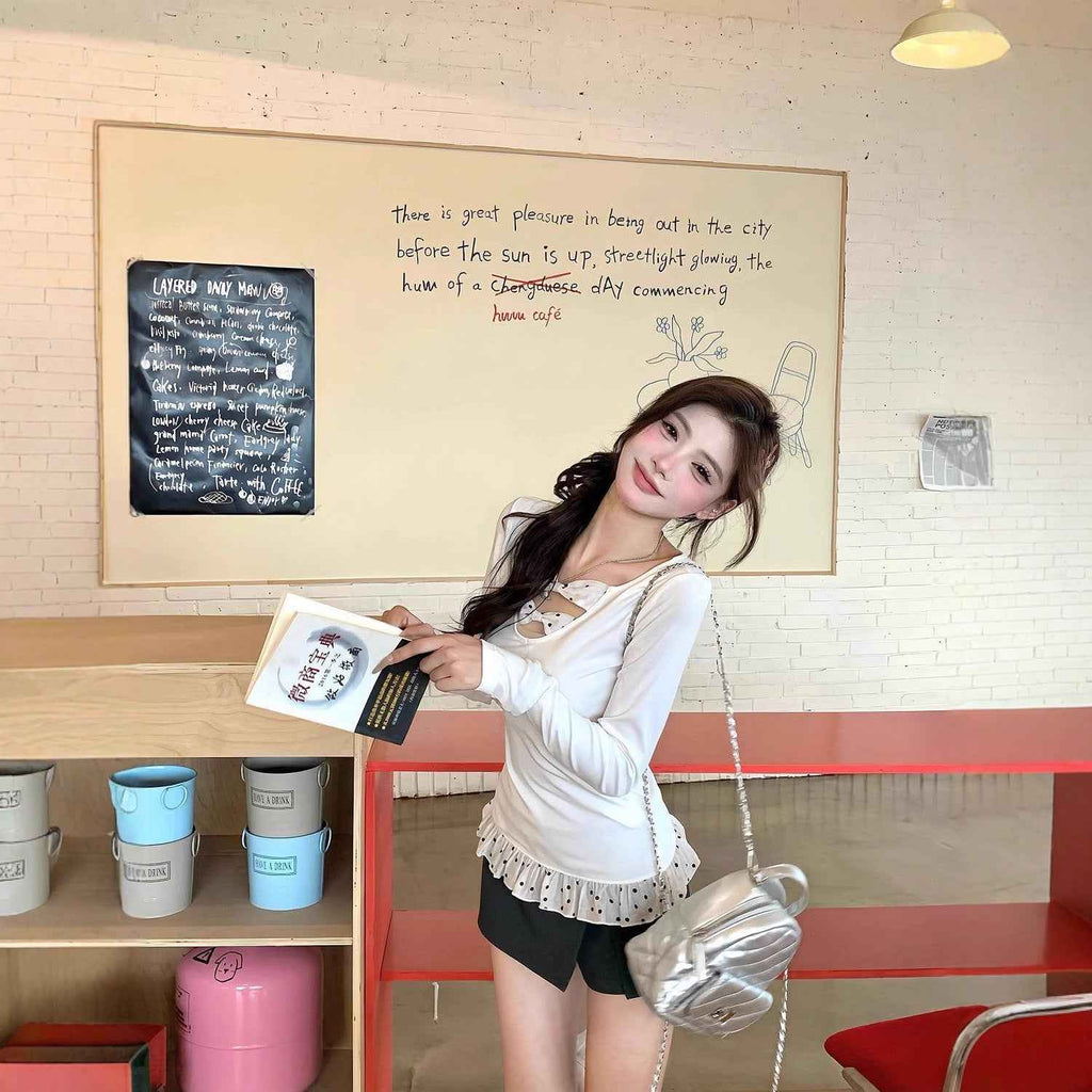 Cotton Lace-Spliced Long-Sleeve Top — Sweet Korean Style