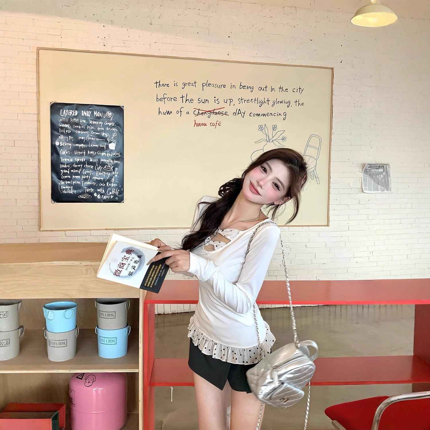 Cotton Lace-Spliced Long-Sleeve Top — Sweet Korean Style