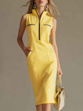 Colour-Block Stand Collar A-Line Midi Dress – Zip Closure