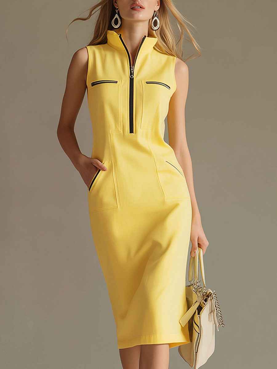 Colour-Block Stand Collar A-Line Midi Dress – Zip Closure