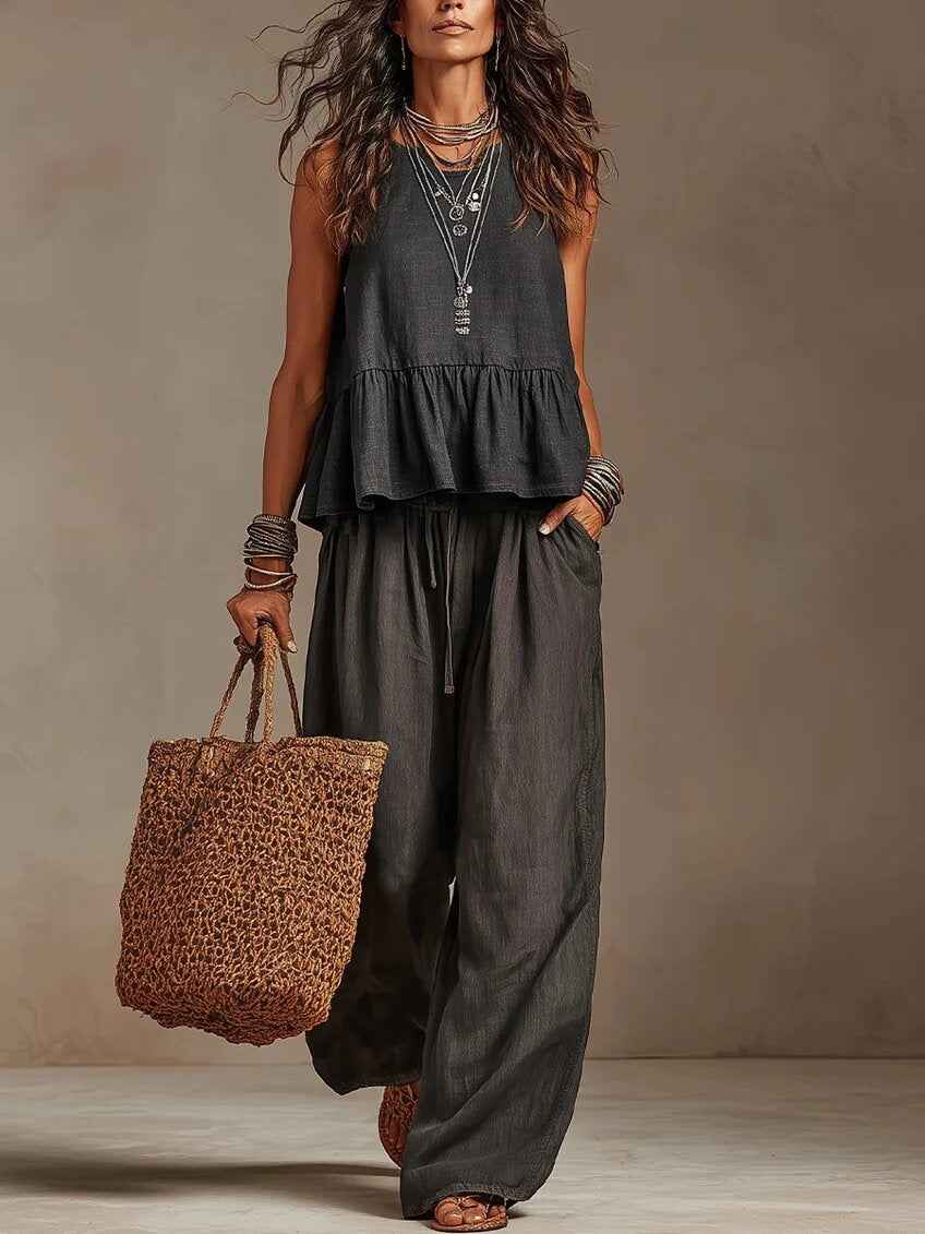 V-Neck Ruffle Hem Sleeveless Crop Top & High Waist Wide Leg Linen Pants Two Piece Outfit Set