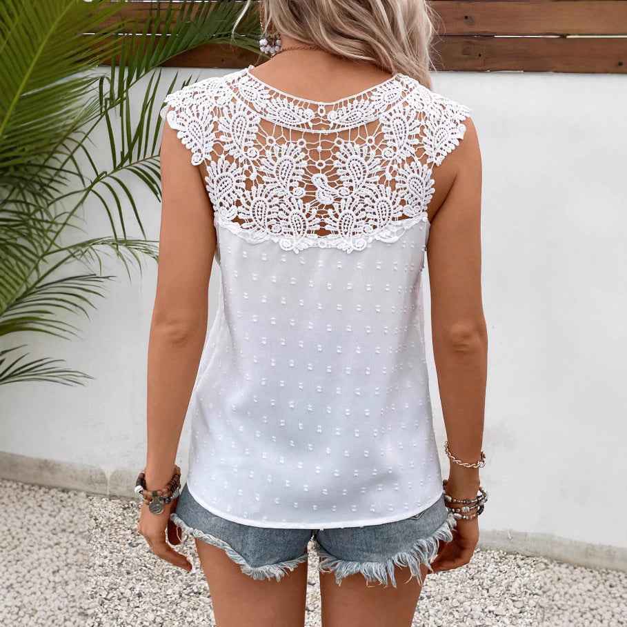 Women's Jacquard V-Neck Lace-Trim Sleeveless Vest Top — White, S–2XL