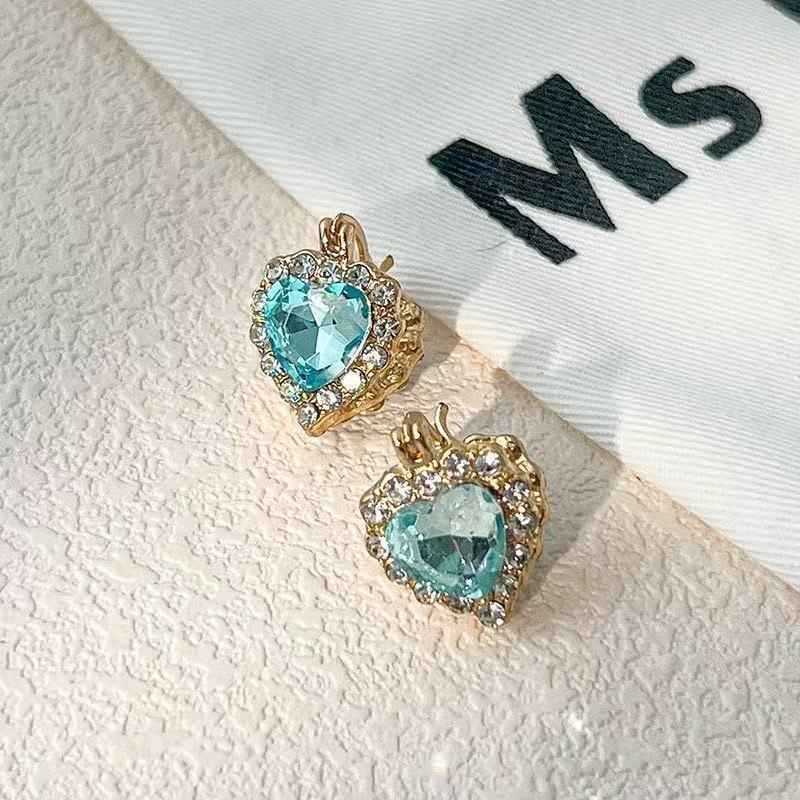 French Light Luxury High-End Blue Zircon Double-sided Heart Huggie Earrings, Personalized Exquisite Super Sparkly Hoop Jewelry For Women