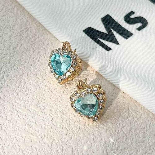 French Light Luxury High-End Blue Zircon Double-sided Heart Huggie Earrings, Personalized Exquisite Super Sparkly Hoop Jewelry For Women