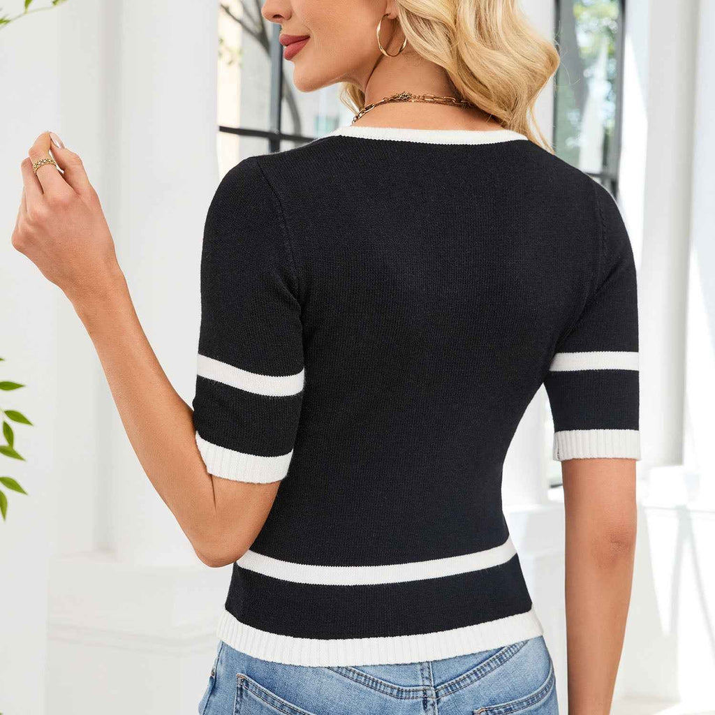 New Pullover Two-Tone Knit Top, Elegant Waist Slimming Workwear Versatile Tweed Style Knit Sweater For Women
