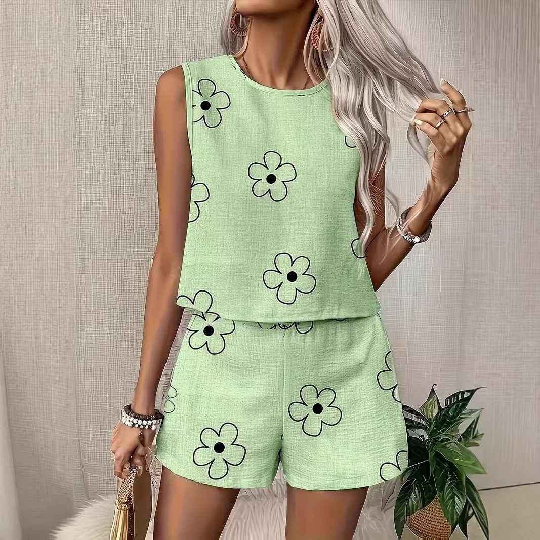 Floral Print Tank Top & Shorts Two-Piece Set