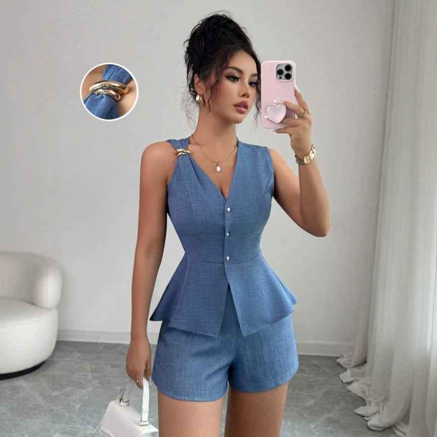 Waist-Cinched Sleeveless Blazer Vest & Shorts Set – Women’s Summer Two-Piece