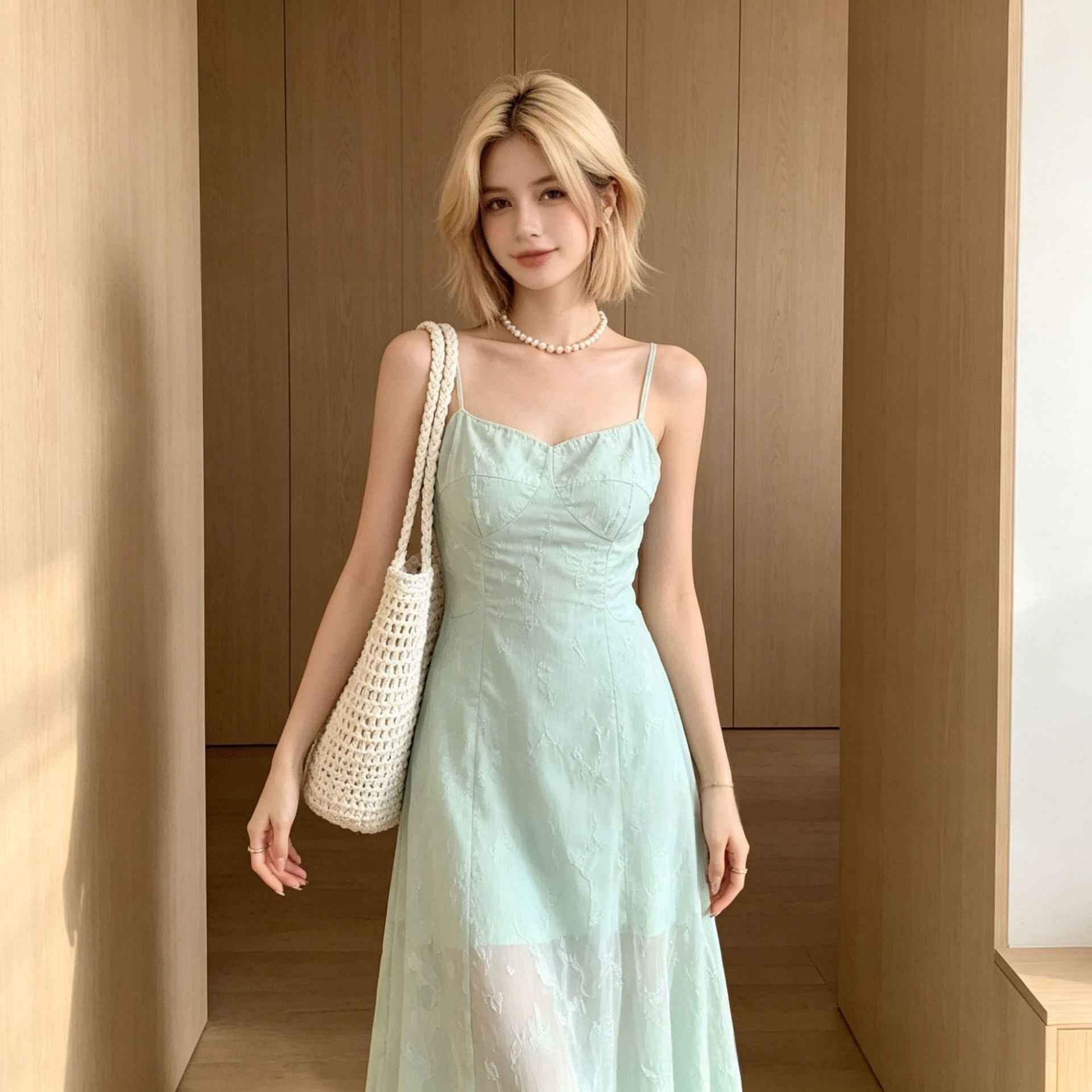 Jacquard Mesh Spaghetti-Strap Slim-Fit Maxi Slip Dress