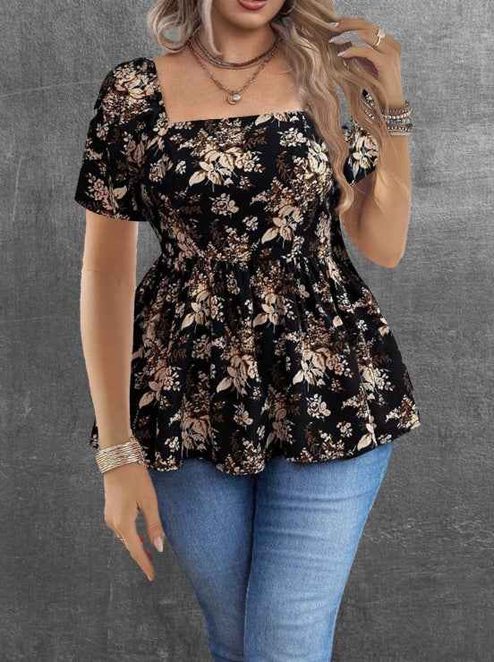 Womens Casual Short Square-neck Floral Top