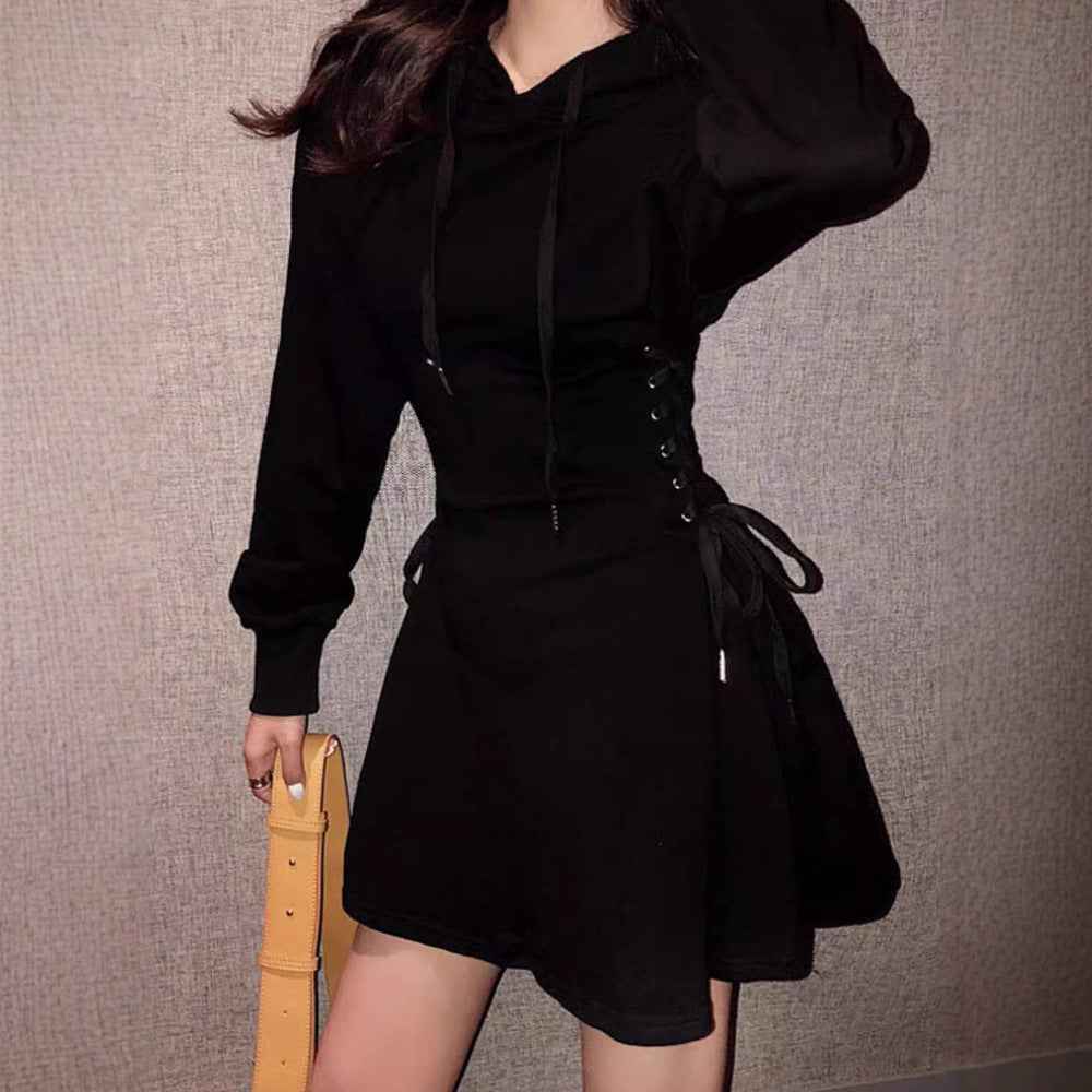 Hooded Sweatshirt Mini Dress with Lace-Up Waist Detail