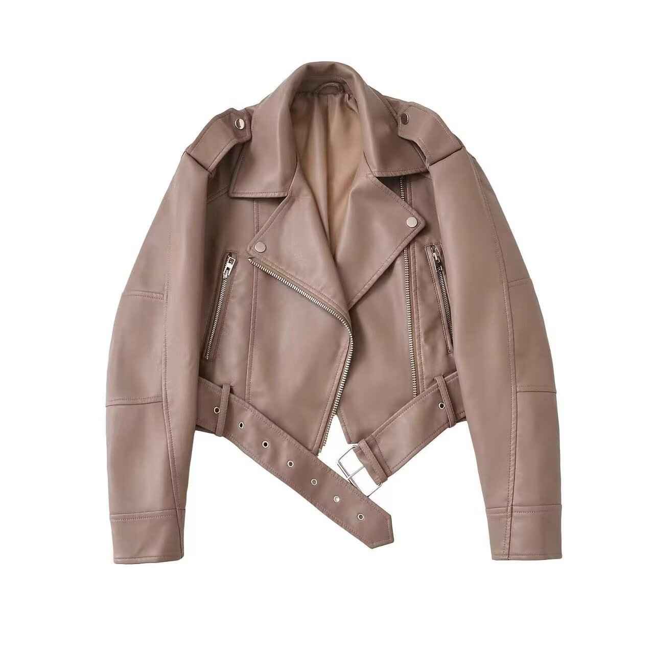 Women's Belted Biker Jacket — Faux Leather