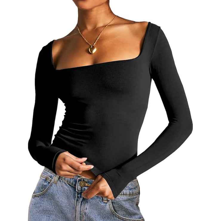 Square Neck Milk Silk Long Sleeve Top – Slim Fit Crop