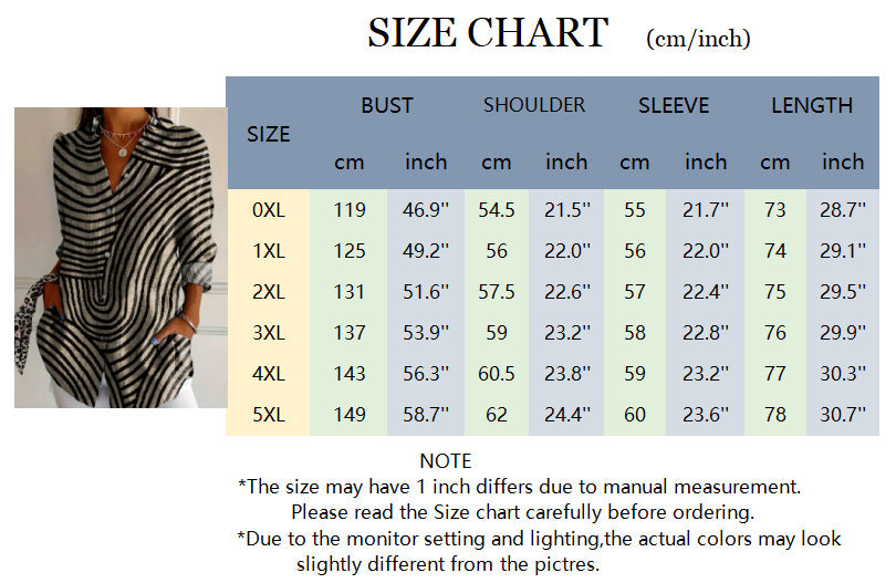Women's Khaki Stripe Long-Sleeve Collared Shirt - size chart 0XL to 5XL