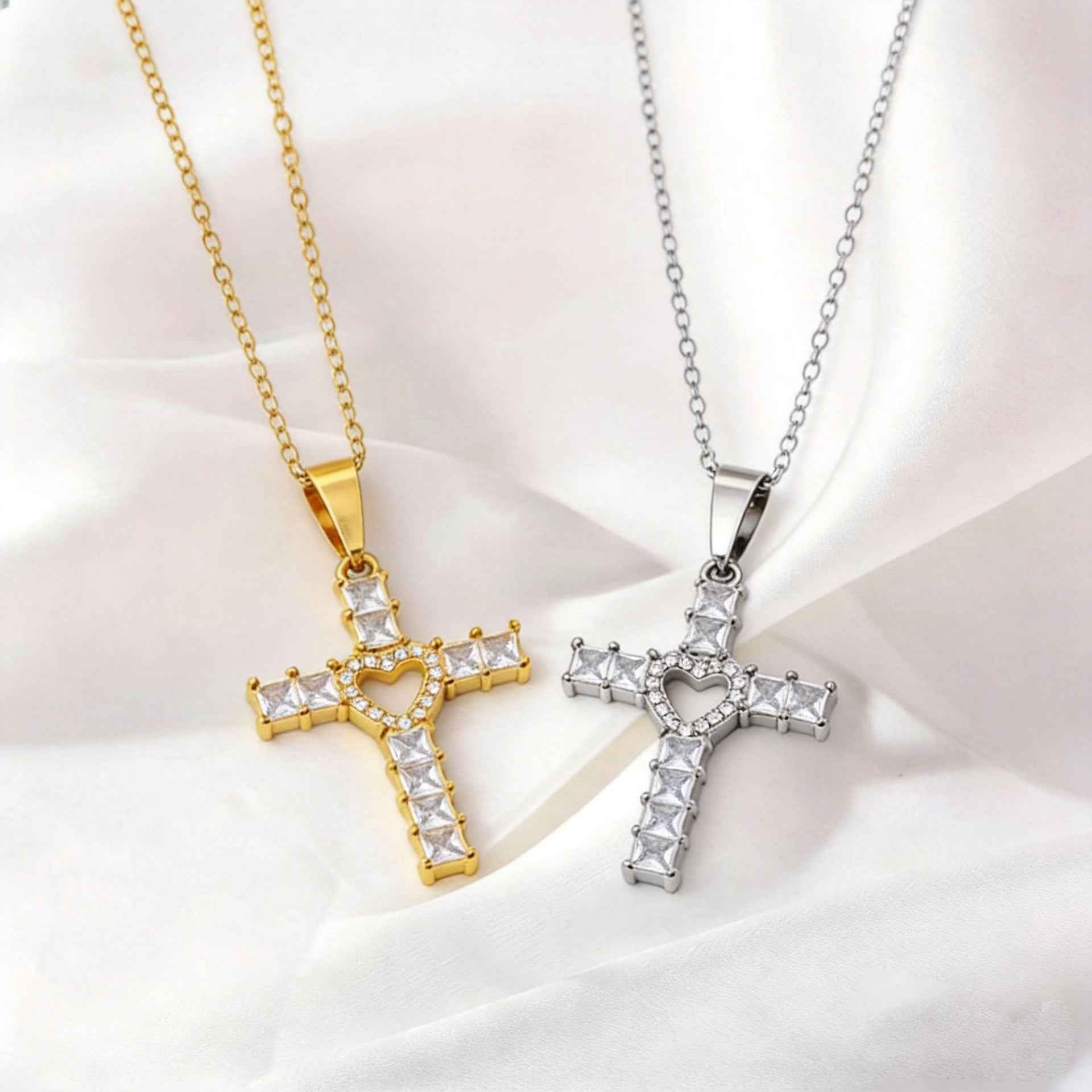 Stainless Steel Heart-shaped Cross Pendant Necklace With Zircon Inlay