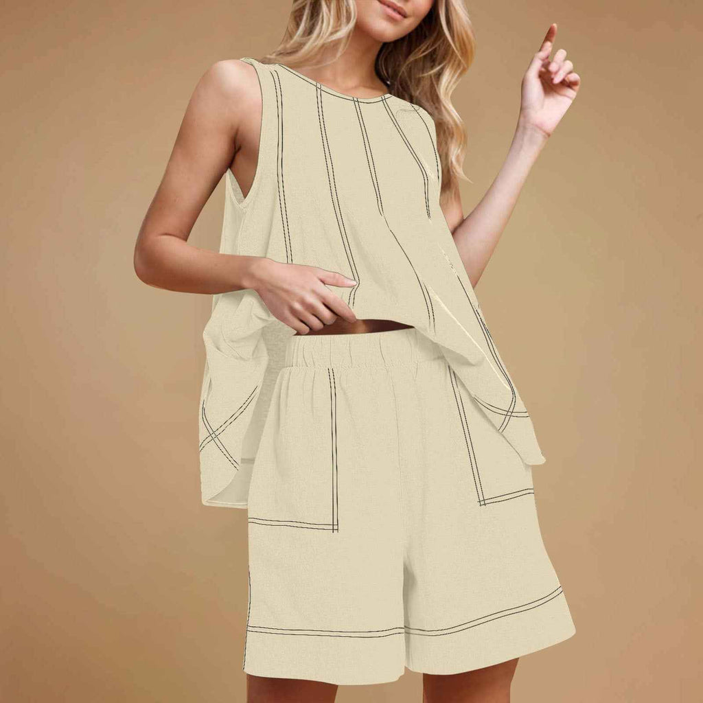 Women's Sleeveless Linen Tank Top & Cropped Shorts Set — 7 Colours