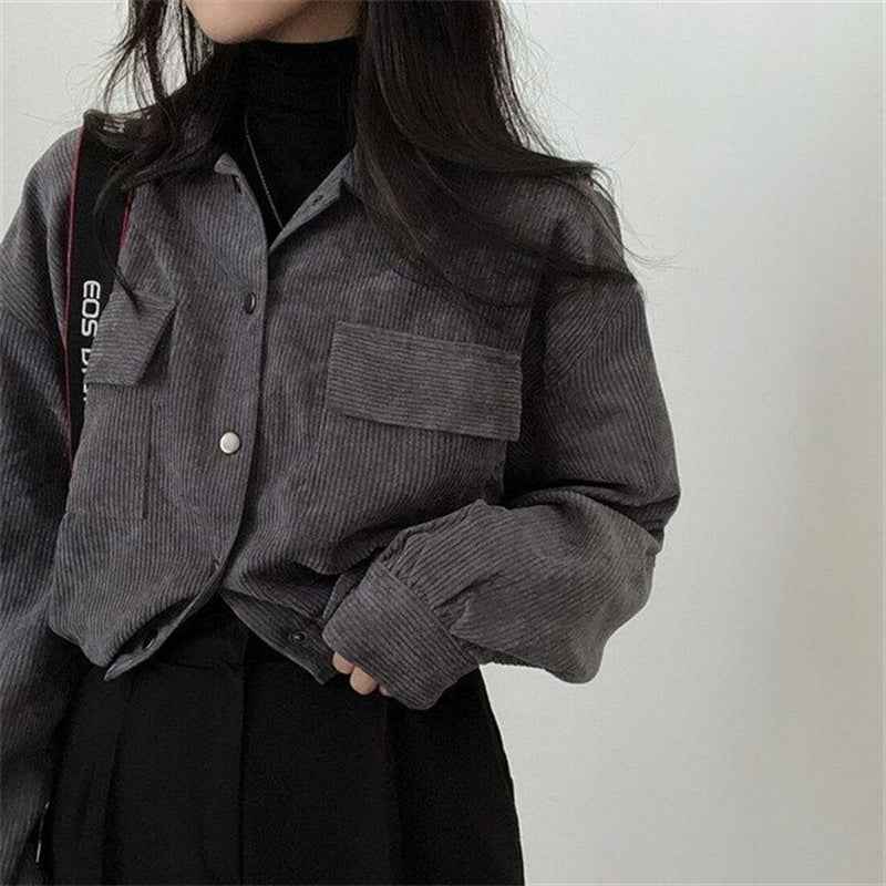 Corduroy Cropped Jacket – Notch Collar & Drawstring