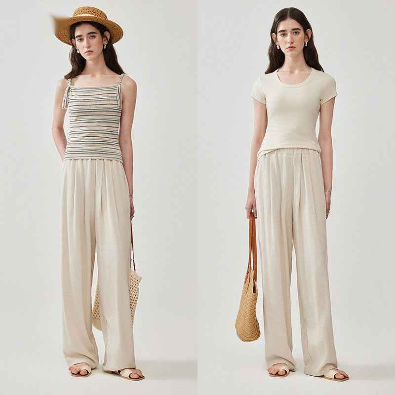 Cotton-linen Textured Wide-leg Casual Pants Loose-fitting