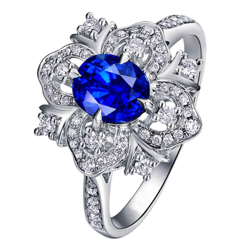 18k Gold plated Blue Diamond Flower shaped Ring With Colored Gemstone Inlay