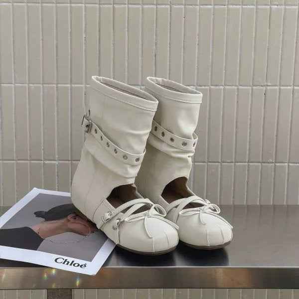 Ballet Sandal Boots – Belt Buckle, Round Toe & Bow Detail