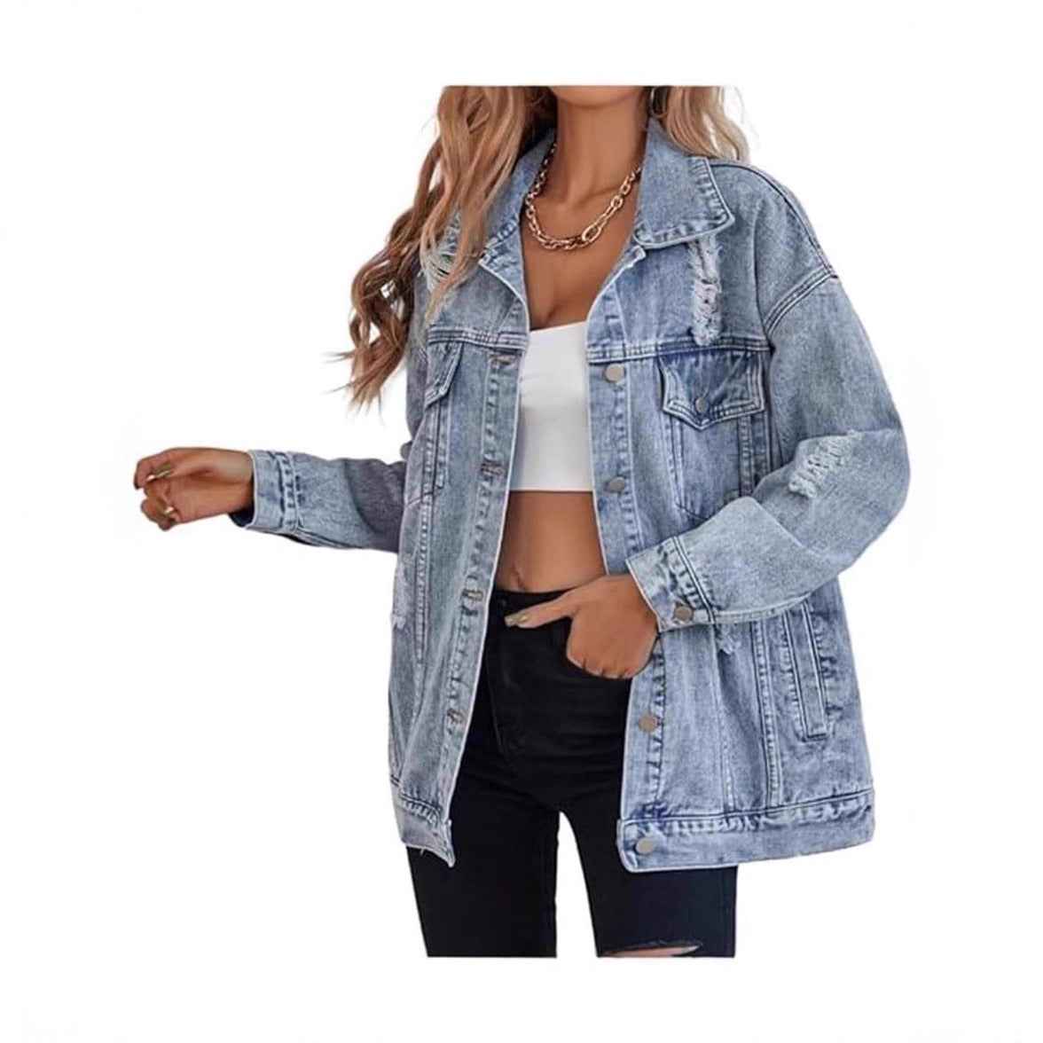 Fashionable Loose-fit Distressed Denim Jacket