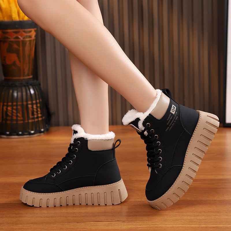 Women's Fleece-Lined High-Top Boots — Chunky Sole, Round Toe
