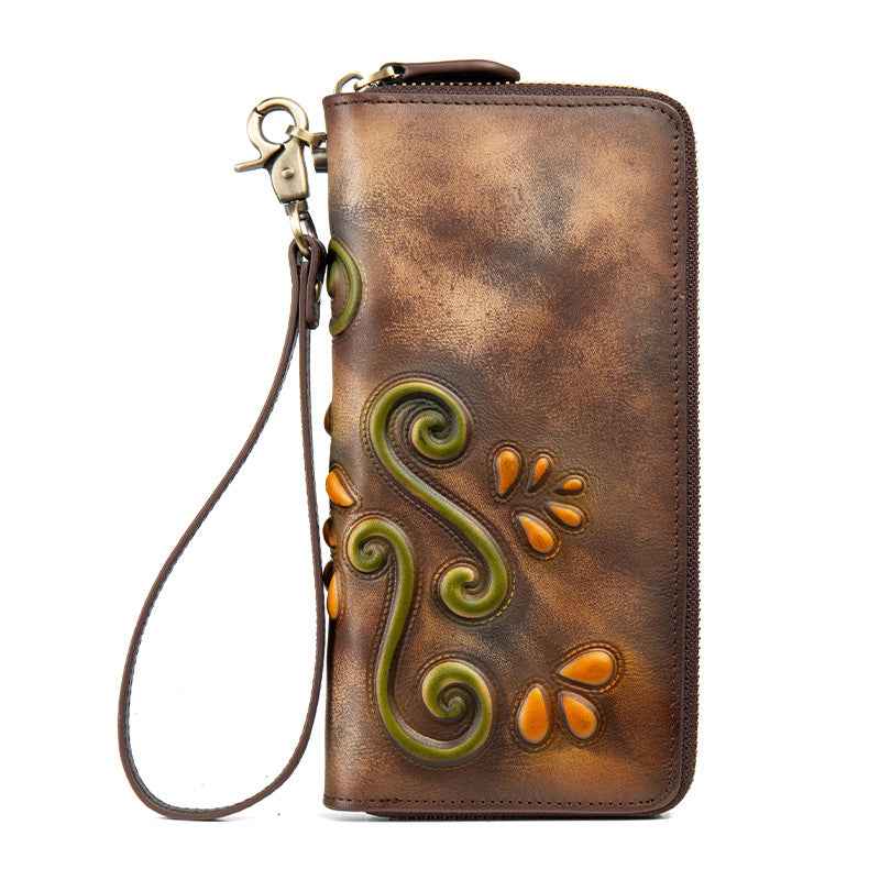 Floral Genuine Leather Zipper Wallet – Retro Style