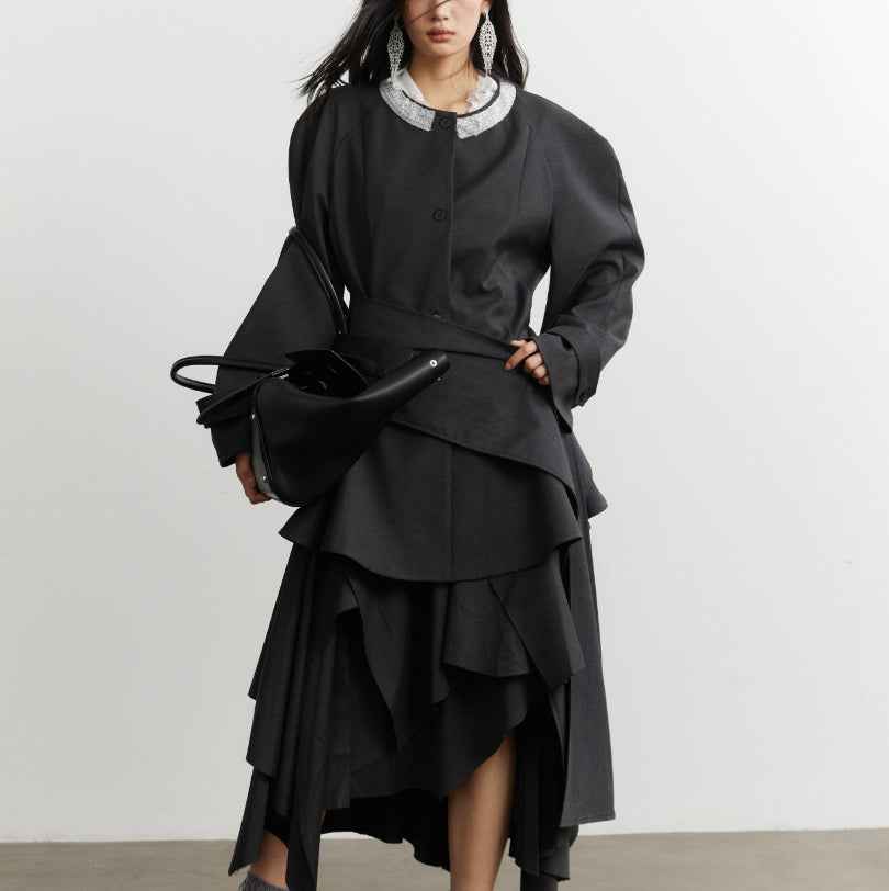 Flounced Hem Tailored Blazer – Belted, Dark Gray