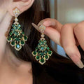 Emerald Rhinestone Leaf Tassel Drop Earrings For Women, Light Luxury High-End Dark Green Niche Designer Ear Jewelry