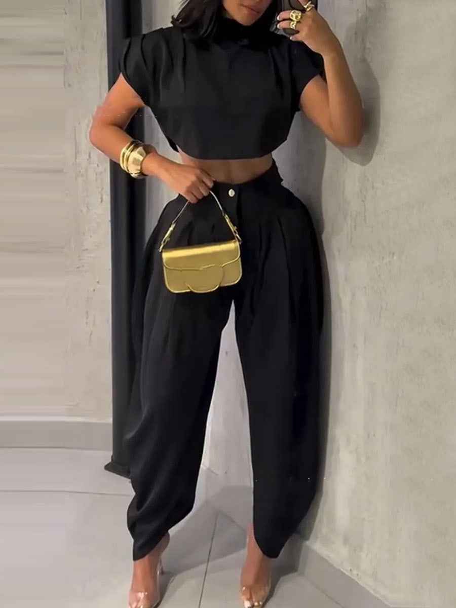 Three-Quarter Sleeve Top & High-Waist Trousers Set — 2 Colours