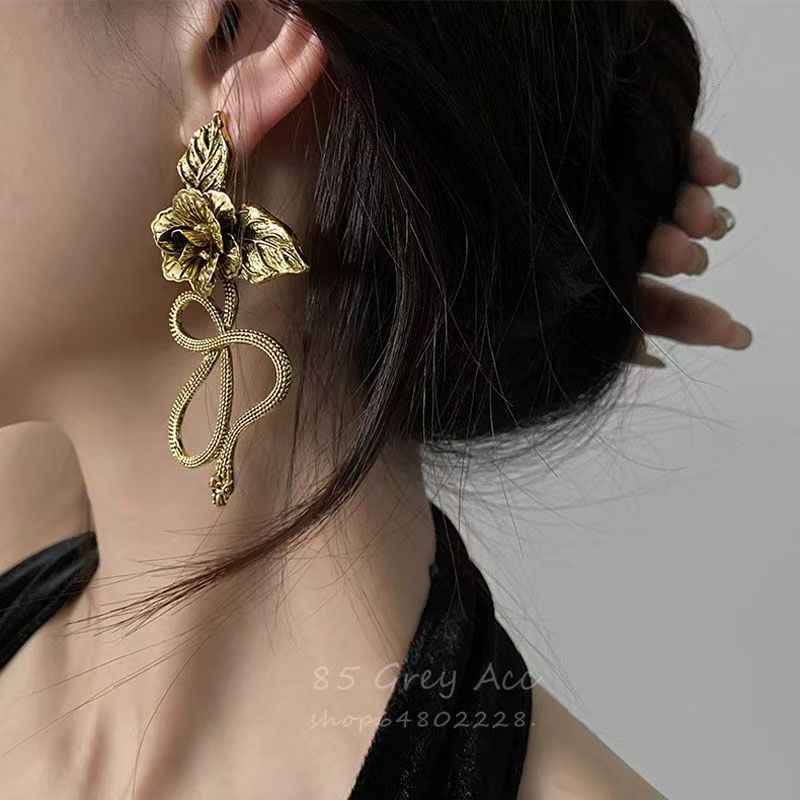 Snake & Flower Dangle Earrings – Bold European Niche Jewelry