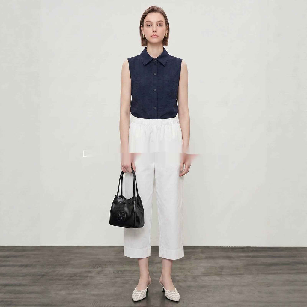 Womens Sleeveless Shirt With Lapel Collar Breathable Navy-Blue Commuter Top For Summer
