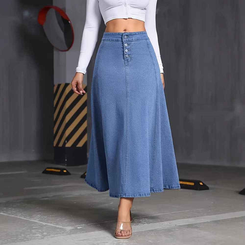 Womens Solid-Color Buttoned Hem Denim Skirt