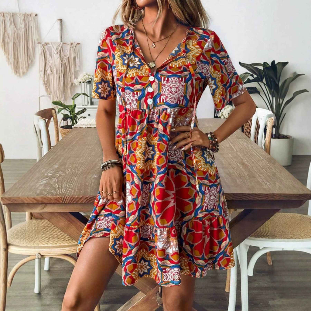 Bohemian V-Neck Midi Dress – Stretch Waist Plus Size
